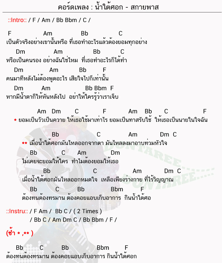 คอร์ดเพลง น้ำใต้ศอก ง่ายๆ