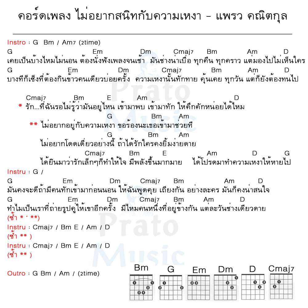 คอร์ดเพลง ไม่อยากสนิทกับความเหงา ง่ายๆ