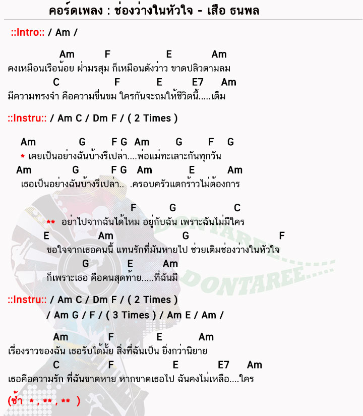 คอร์ดเพลง ช่องว่างในหัวใจ ง่ายๆ