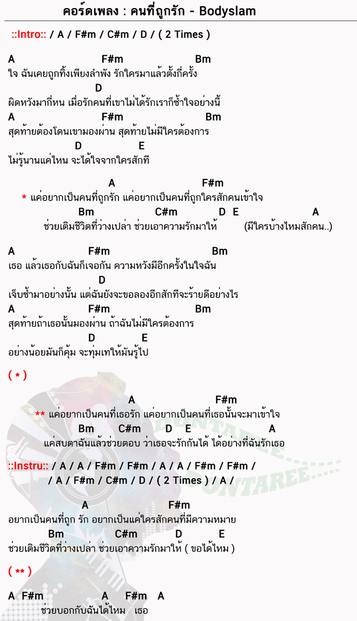 คอร์ดเพลง คนที่ถูกรัก ง่ายๆ