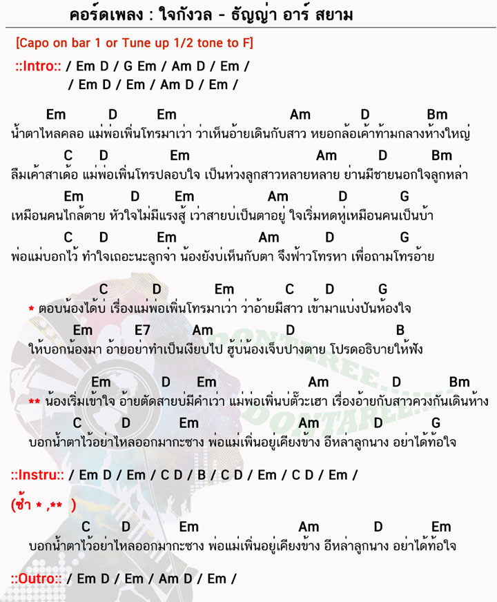 คอร์ดเพลง ใจกังวล ง่ายๆ