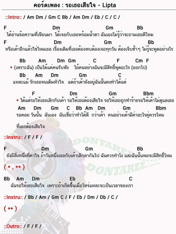 คอร์ดเพลง รอเธอเสียใจ ง่ายๆ