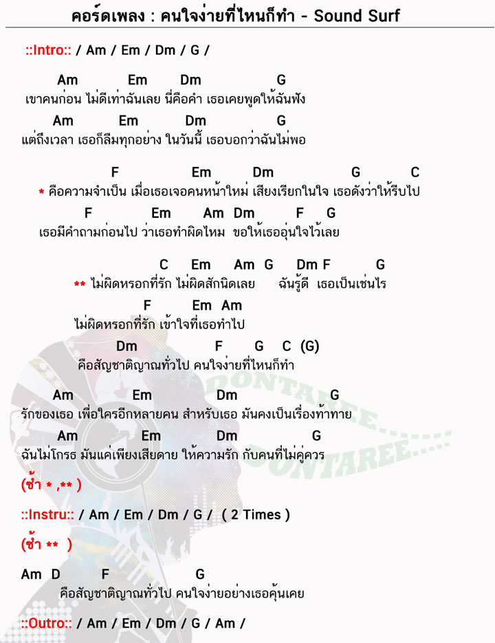 คอร์ดเพลง คนใจง่ายที่ไหนก็ทำ ง่ายๆ