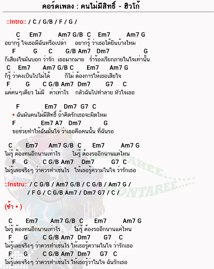 คอร์ดเพลง คนไม่มีสิทธิ์ ง่ายๆ