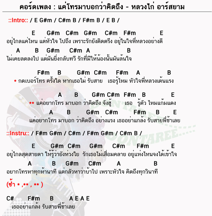 คอร์ดเพลง แค่โทรมาบอกว่าคิดถึง ง่ายๆ