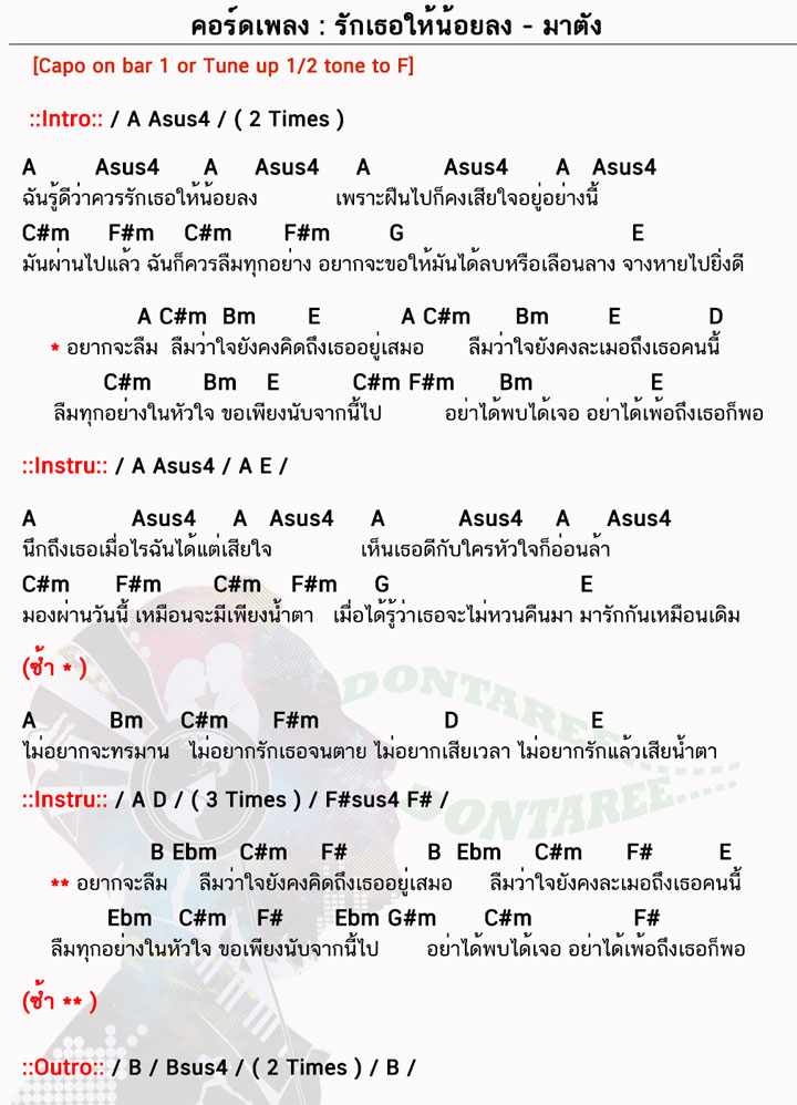 คอร์ดเพลง รักเธอให้น้อยลง ง่ายๆ