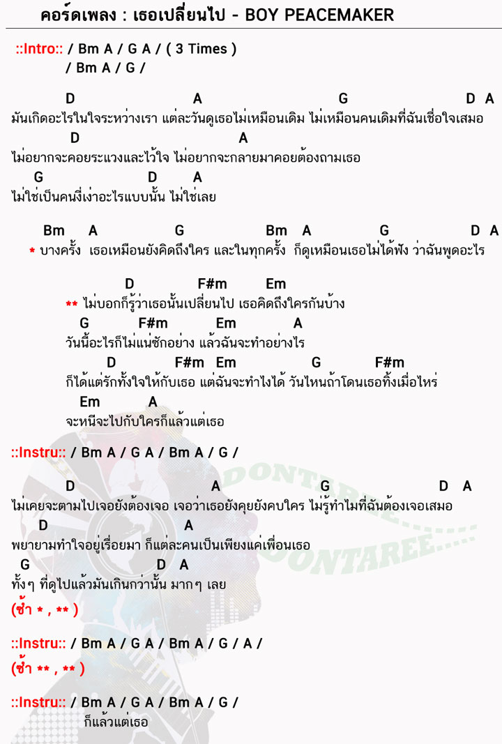 คอร์ดเพลง เธอเปลี่ยนไป ง่ายๆ