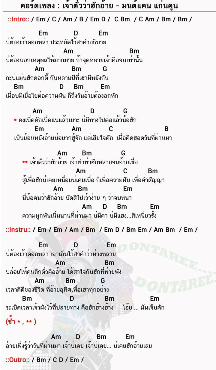 คอร์ดเพลง เจ้าตั๋วว่าฮักอ้าย ง่ายๆ