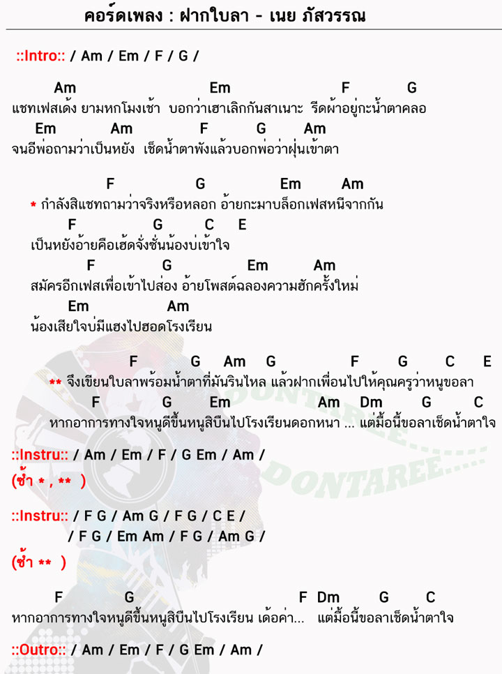 คอร์ดเพลง ฝากใบลา ง่ายๆ