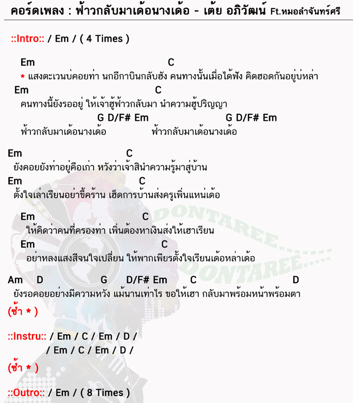 คอร์ดเพลง ฟ้าวกลับมาเด้อนางเด้อ ง่ายๆ