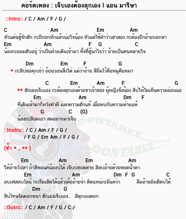 คอร์ดเพลง เจ็บเองต้องลุกเอง ง่ายๆ