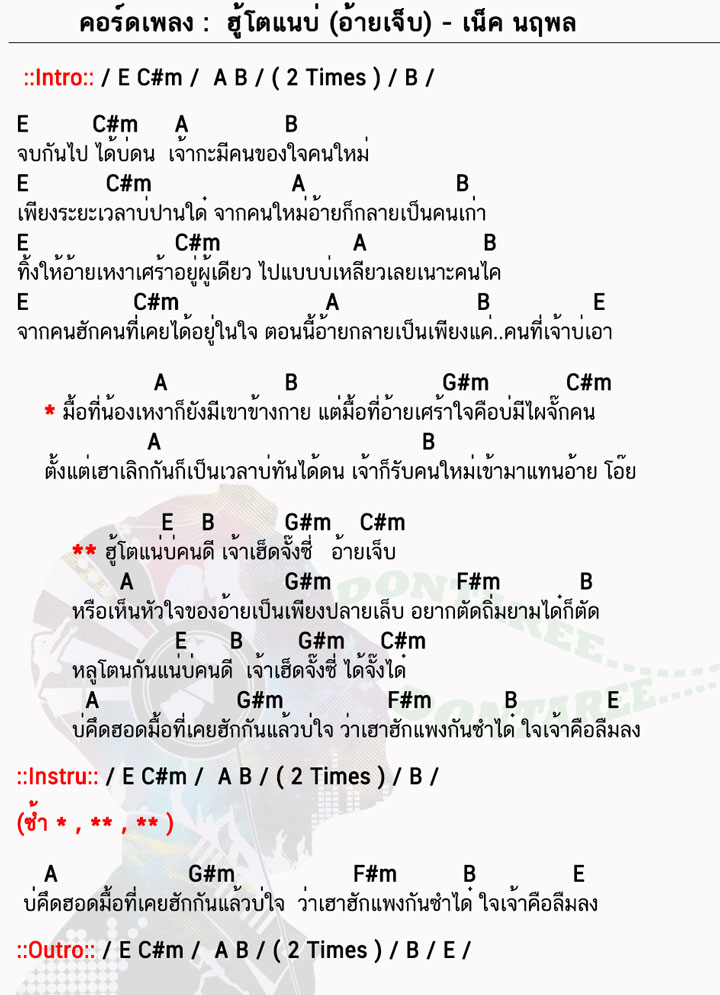 คอร์ดเพลง ฮู้โตแนบ่-(อ้ายเจ็บ) ง่ายๆ