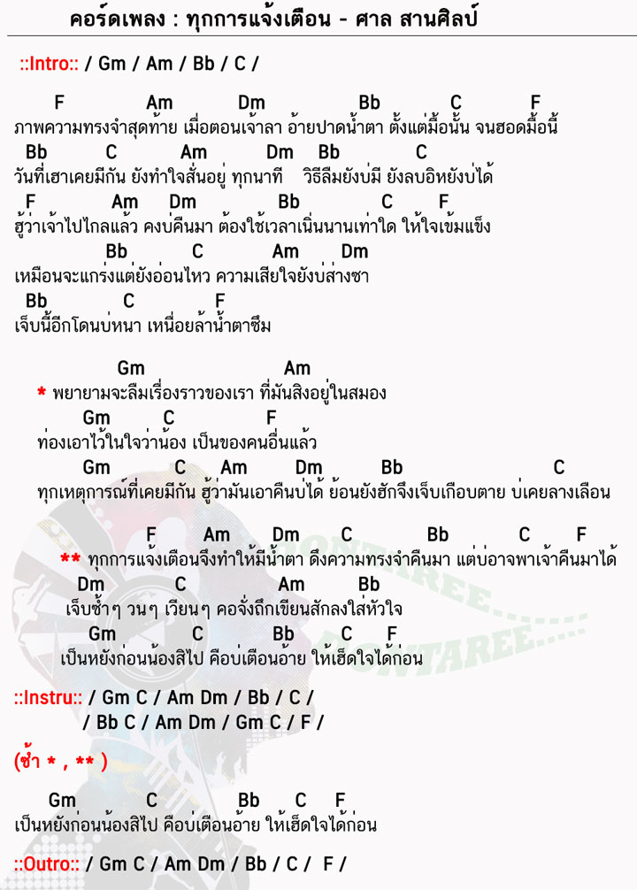 คอร์ดเพลง ทุกการแจ้งเตือน ง่ายๆ