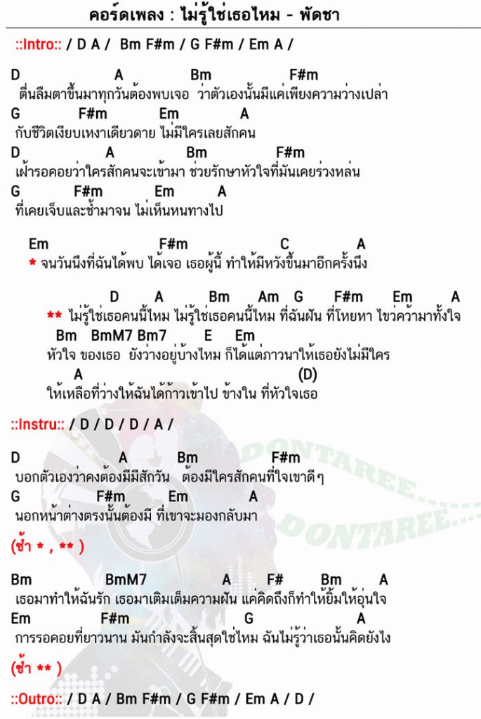 คอร์ดเพลง ไม่รู้ใช่เธอไหม