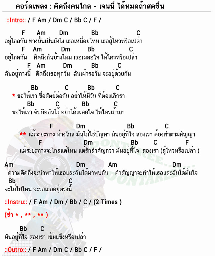 คอร์ดเพลง คิดถึงคนไกล