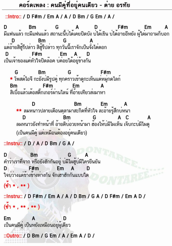 คอร์ดเพลง คนมีคู่ที่อยู่คนเดียว