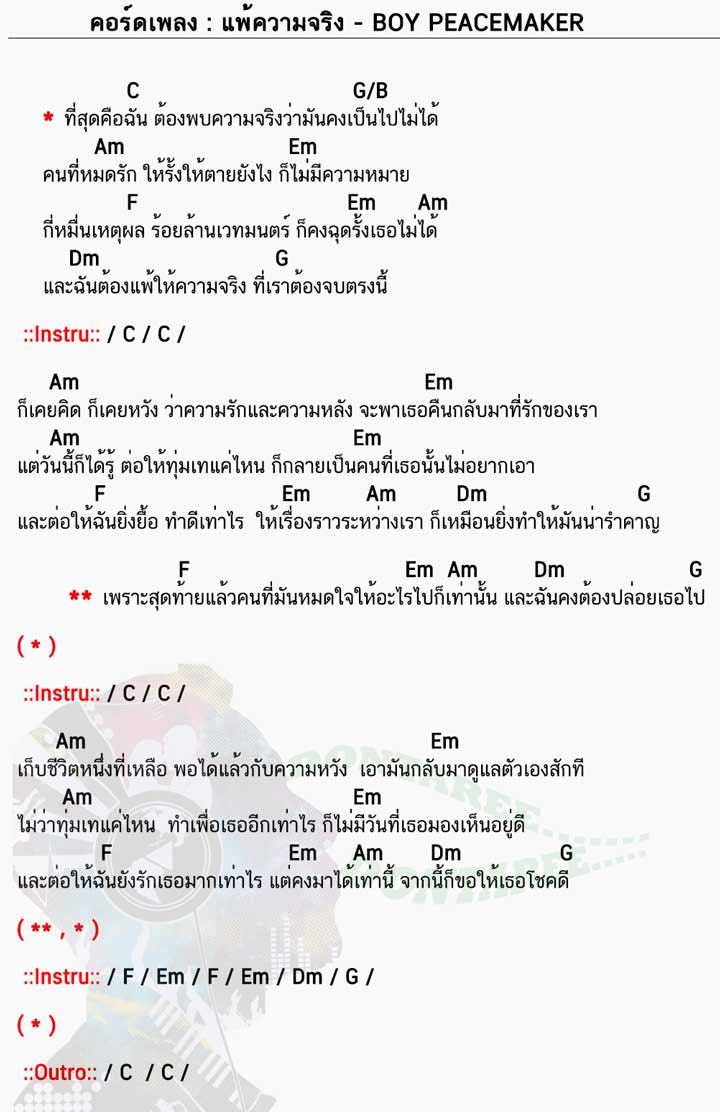 คอร์ดเพลง แพ้ความจริง